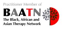 BAATN: The Black, African and Asian Therapy Network Practitioner Member Logo with a leafy tree with a red half circle at the background of half the tree.