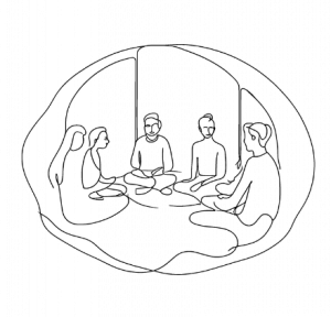Line Drawing of a Sharing Circle. People sitting in a circle sharing stories.