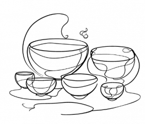 Line Drawing of 6 Singing bowls of multiple sizes