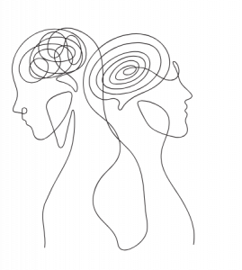 Line drawing of two heads one with a tangled brain the other with an ordered spiral brain.
