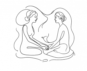 Line Drawing of two women sitting facing each other holding hands in support of one another.